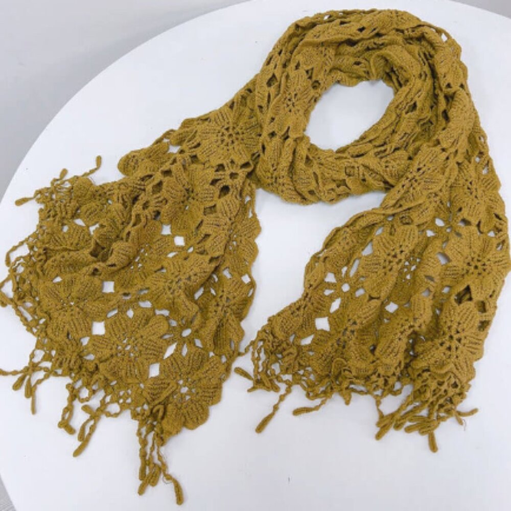 Mustard Elegant Cotton Fringed Crochet Scarf Boho Crochet Scarf 75 x 16 inch